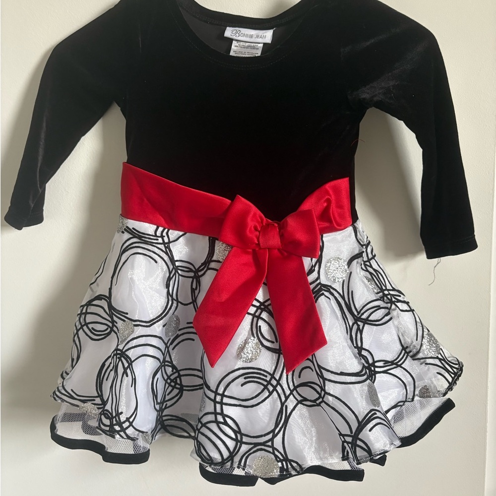 Bonnie Jean Black Velvet Dress with Red Bow